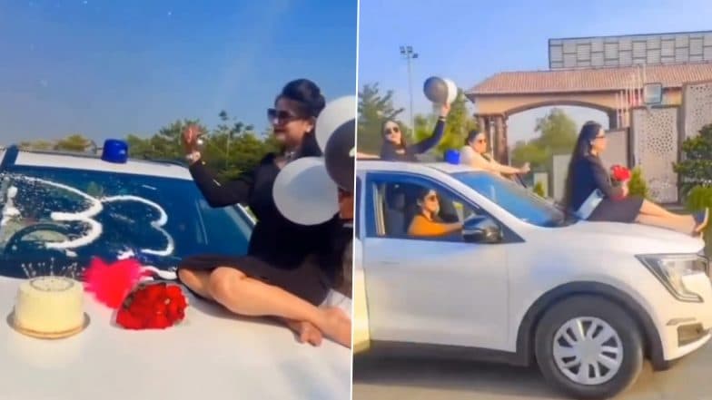 Birthday Bash on Official Vehicle: Chhattisgarh DSP Taslim Arif’s Wife Farheen Khan Sits on Bonnet of Moving Police Car, Films Reel To Celebrate Birthday; Video Goes Viral