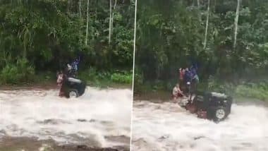 Kerala Rains: Jeep Carrying Tourists Swept Away by Strong River Currents in Idukki’s Kallattupara, All Passengers Rescued Safely (Watch Video)