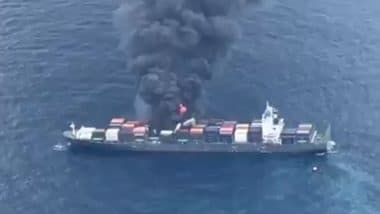 WAN HAI 503 Fire Incident: Indian Navy and Coast Guard Rescue 18 Crew Members From Singapore-Flagged Cargo Vessel That Caught Fire Off Kerala Coast (See Pics and Video)