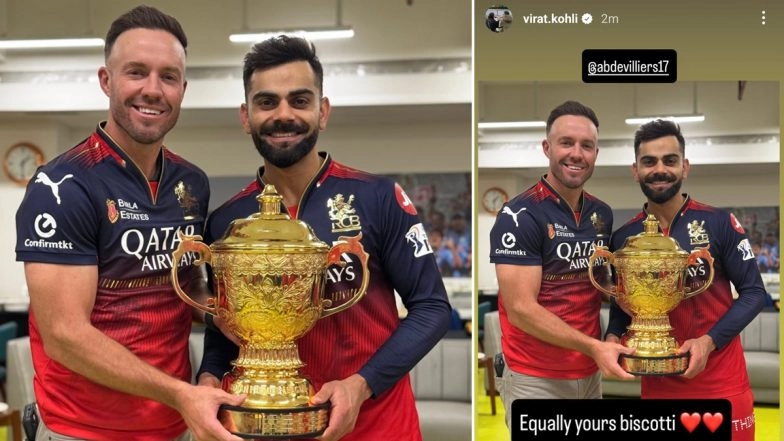 Virat Kohli, AB de Villiers Hold IPL 2025 Trophy Together; Star Indian Batter Says ‘Equally Yours Biscotti’ in Respect to Former RCB Legend (See Instagram Story)