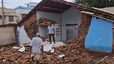Dharwad Wall Collapse: Family Escapes Unhurt After House Wall Collapses Amid Heavy Rainfall in Karnataka (Watch Video)