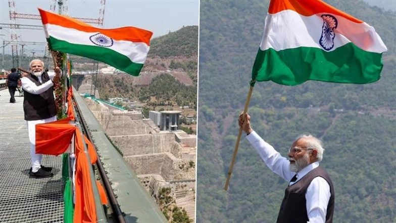 ‘Tricolour Flies High Over Chenab Rail Bridge’: PM Narendra Modi Poses With National Flag After Inaugurating World’s Tallest Railway Arch Bridge in Jammu and Kashmir (See Pics)