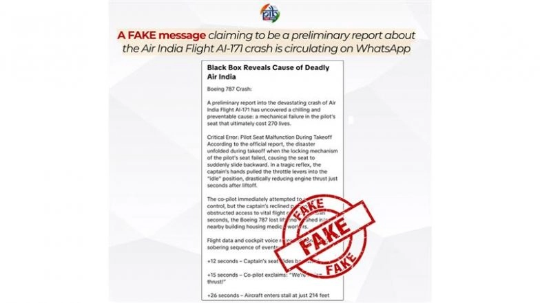 Pilot Seat Malfunction During Takeoff Led to Air India Plane Crash in Ahmedabad? PIB Fact Checks Fake Message Claiming to Be Preliminary Report on AI‑171 Tragedy