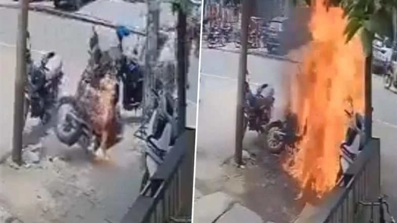 Basti Bike Fire: Man Narrowly Escapes as Two Wheeler Bursts Into Flames While Starting in Uttar Pradesh, Video Goes Viral