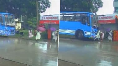 Accident Caught on Camera in Thrissur: Private Bus Rams Into Waiting Shed in Kerala, 3 Women Injured (Watch Video)