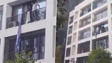 Air India Crash: News Video Shows Panicked BJ Medical College Students Jumping off Balconies of Hostel in Ahmedabad To Save Lives