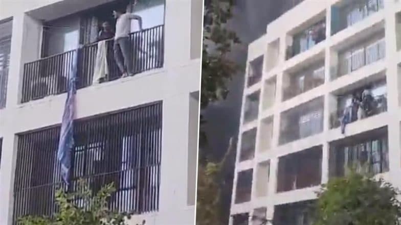 Air India Crash: News Video Shows Panicked BJ Medical College Students Jumping off Balconies of Hostel in Ahmedabad To Save Lives