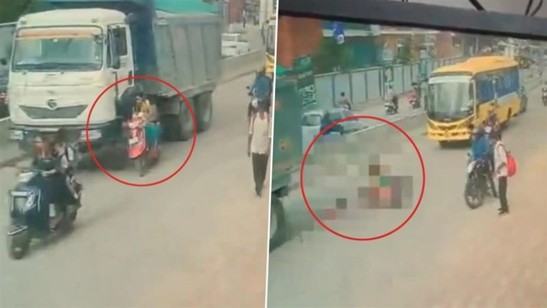Horrific Accident Caught on Camera in Dundigal: Schoolboy Crushed to Death by Tipper Truck After Mother’s Failed Overtake Attempt on Busy Hyderabad Road; Disturbing Video Surfaces