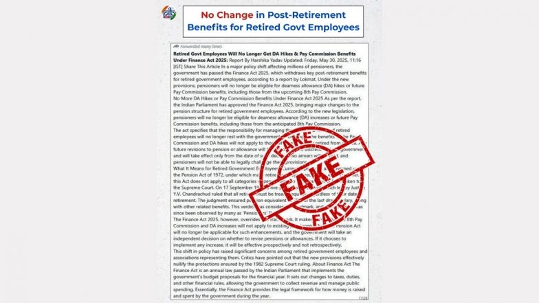 DA and Pay Commission Benefits Being Stopped for Retired Government Employees? PIB Debunks Viral WhatsApp Message As Fake