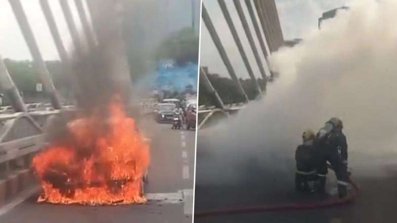 Hyderabad Car Fire: Narrow Escape for Passengers As Moving Vehicle Bursts Into Flames on Durgam Cheruvu Cable Bridge in Telangana; Videos Surface
