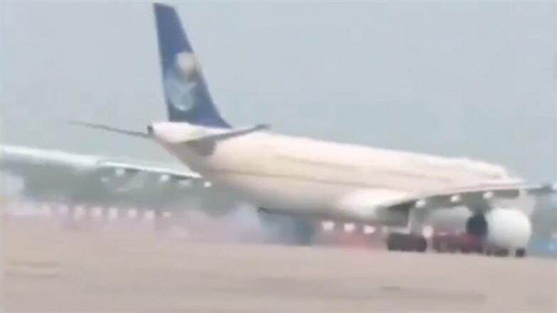 Hajj Flight Safety Scare Lucknow Airport: Smoke and Sparks Erupt From Saudia Airlines Flight SV 3112 Carrying 250 Hajj Pilgrims After Landing in Uttar Pradesh Capital (See Pics and Videos)