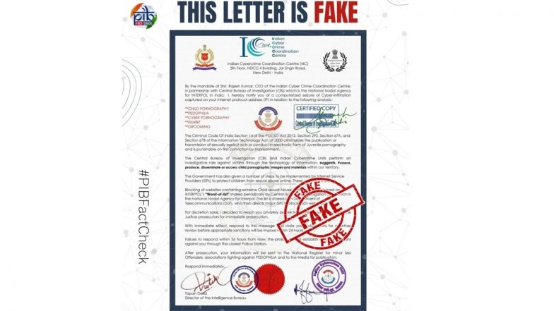 Fake ‘I4C Letter’ Seeking Reply From Recipient for Allegedly Accessing Child Porn on the Internet Goes Viral, PIB Fact Check Reveals the Truth
