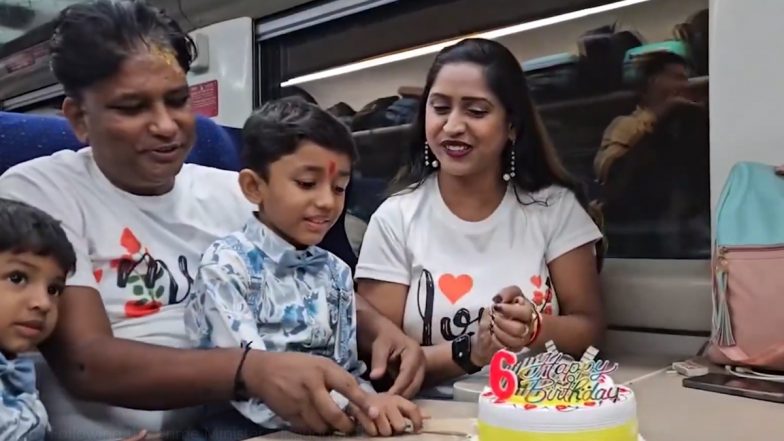 Birthday Celebration on Vande Bharat: Couple Celebrates Son’s 6th Birthday on Inaugural Ride of Express Train Between Srinagar and Katra, Thanks PM Narendra Modi (Watch Video)