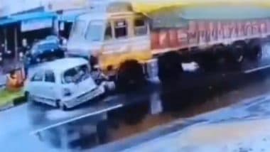 Accident Caught on Camera in Mandsaur: Speeding Truck Drags Car Over 100 Metres on Mhow-Neemuch Highway, No Injuries Reported (Watch Video)