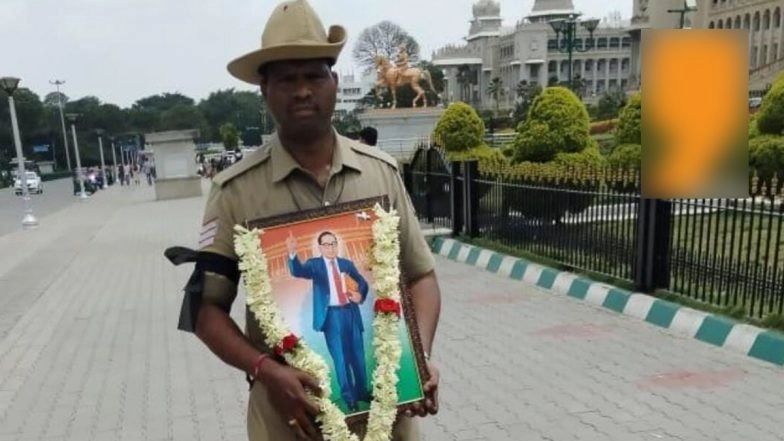 Bengaluru Stampede: Head Constable Walks to Raj Bhavan With Black Armband and Ambedkar Portrait To Protest Suspension of Police Commissioner B Dayanand After Chinnaswamy Stadium Tragedy, Pic Surfaces