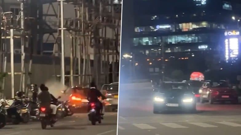 BMW M5 Competition Accident in Hyderabad: Luxury Sports Car Rams Into Pavement Near Café Niloufer in Hitech City, Video Goes Viral