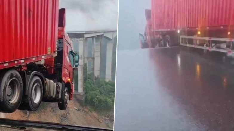 China: Cargo Truck Left Dangling Over 100-Metre Drop After Bridge Collapses in Guizhou, Driver Miraculously Rescued in Dramatic Operation (Watch Video)