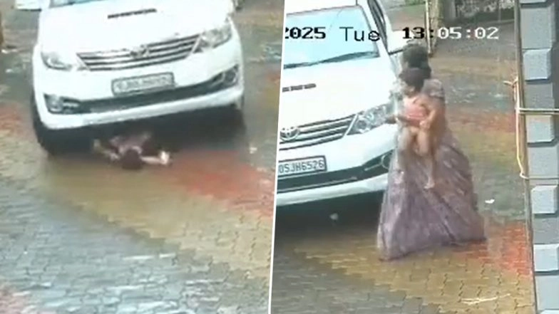 Miraculous Escape: Toddler Survives After Being Run Over by SUV in Gujarat’s Navsari; Video Shows Mother’s Desperate Rescue