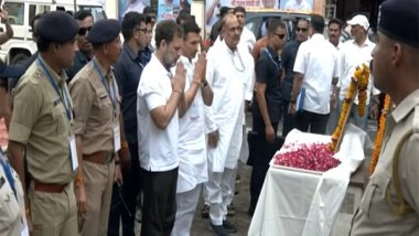 India News | Madhya Pradesh: Rahul Gandhi Arrives in Bhopal, Pays Floral Tribute to Indira Gandhi at State Party Office