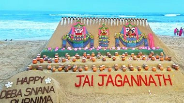 India News | Deba Snana Purnima: Sudarsan Pattnaik Crafts Sculptures of Lord Jagannath, Devi Subhadra, Lord Balabhadra on Puri Beach