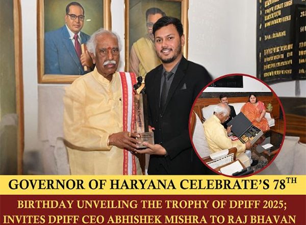 Business News | Marking His 78th Birthday, Governor Bandaru Dattatreya Unveils Prestigious DPIFF Awards 2025 Trophy Alongside CEO Abhishek Mishra at Haryana Raj Bhavan