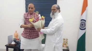 India News | Haryana Minister Anil Vij Meets Rajnath Singh, Requests Allocation of Military Land for Development Projects