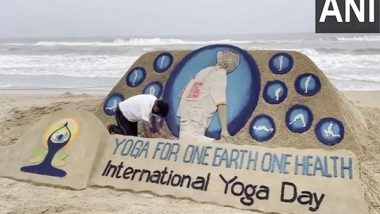 India News | Sand Artist Creates Yoga Sculpture of PM Modi at Puri Beach to Mark 11th International Day of Yoga