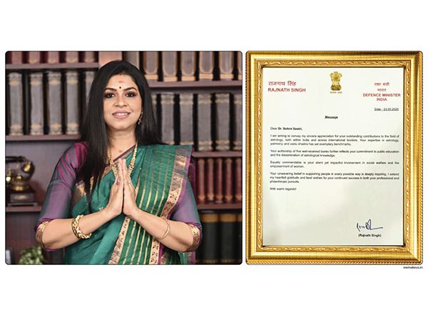 Business News | Defence Minister Rajnath Singh Acknowledges Dr. Sohini Sastri's Role in Public Education, Astrology, and Social Impact