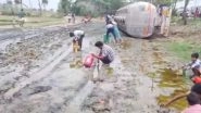 Amethi: Viral Video Shows People Filtering and Taking Refined Oil From Mud After Oil Tanker Overturns in Uttar Pradesh (Watch)