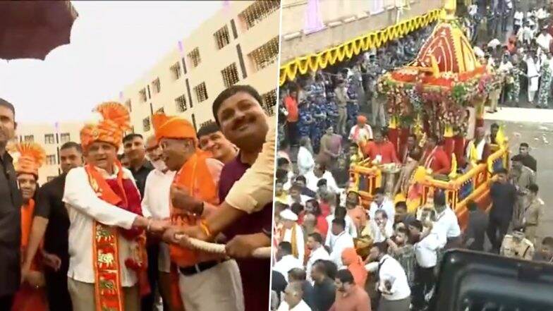 Rath Yatra 2025: Gujarat CM Bhupendra Patel Joins Others To Pull Chariot at Shree Jagannathji Mandir in Ahmedabad As 148th Rath Yatra of Lord Jagannath Begins (Watch Video)