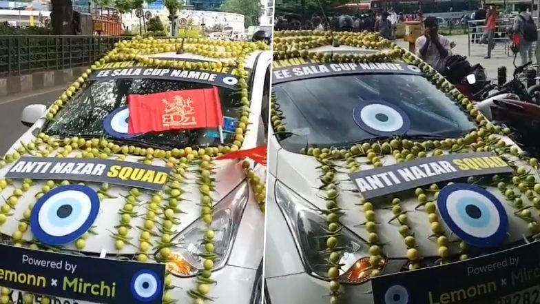 RCB Fans Wrap A Car in 'Nimbu and Mirch' to Protect the Team From Bad Omen in Bengaluru Ahead of IPL 2025 Against PBKS, Displays 'Anti-Nazar Squad' Placards On It (Watch Video)