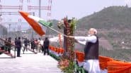 Chenab Bridge Inauguration: PM Narendra Modi Inaugurates World's Highest Railway Arch Bridge in Jammu and Kashmir, Waves Tiranga (Watch Videos)