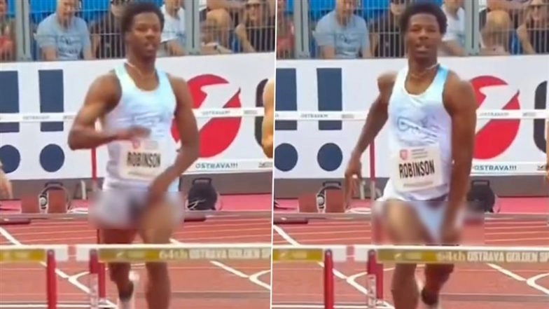 Chris Robinson Wardrobe Malfunction Video: Watch USA Star Win 400M Hurdles Event At Ostrava Golden Spike 2025 Despite An Undergarment Failure