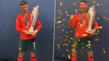 Cristiano Ronaldo Poses With Iconic UEFA Nations League 2024-25 Trophy After Portugal Defeats Spain in a Thrilling Penalty Shootout (Watch Video)