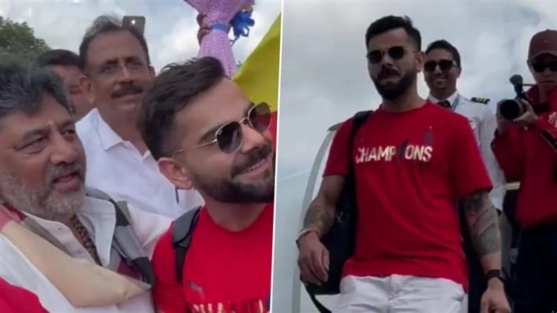Karnataka Deputy CM DK Shivakumar Receives Virat Kohli and Other IPL 2025 Champion RCB Players at Bengaluru Airport, Says 'Truly An Honour to Welcome You All' (Watch Video)