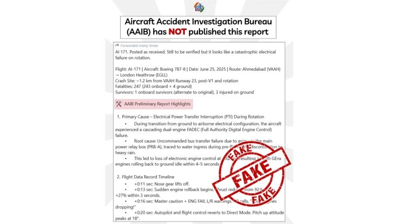 Ahmedabad Plane Crash Reason Identified? PIB Fact Check Debunks Fake WhatsApp Message Claiming ‘Catastrophic Electrical Failure’ As Primary Cause Behind Air India Flight AI171 Tragedy