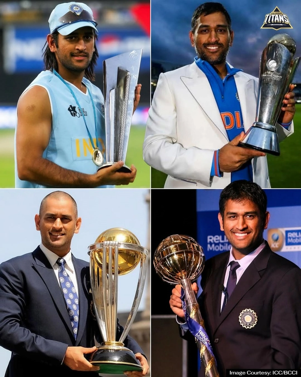 GT posted a thunder-themed tribute with Dhoni lifting ICC trophies, captioned “The 𝑐𝑜𝑜𝑙𝑒𝑠𝑡 entrant in the ICC Hall of Fame this year!”