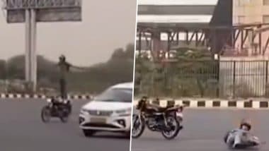 Gurugram: Youth Loses Balance and Falls in Middle of Road While Performing 'Deadly Stunt' on Delhi-Jaipur Expressway, Disturbing Video Surfaces