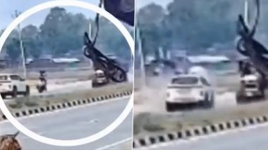 Accident Caught on Camera in Gorakhpur: 4 Youths Killed As Motorcycle Crashes into Speeding Car While Overtaking Tractor; Horrific Video Surfaces