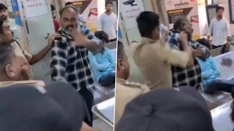Surendranagar Shocker: Cops Rain Slaps and Kicks on Man After His Angry Outburst Over Relative’s Death at Patdi Hospital in Gujarat; Disturbing Video Surfaces