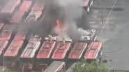 Ghansoli Bus Depot Fire: 2 NMMT Buses Gutted in Blaze in Navi Mumbai, Short Circuit During Electric Bus Repairs Likely Cause (Watch Videos)