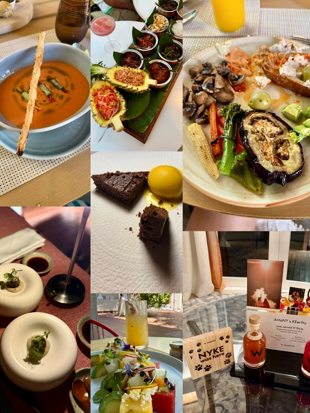 Glimpses of delicious resort cuisine: fresh seafood platters and tropical fruits highlight their culinary indulgence.