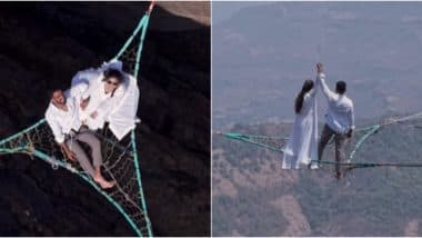 ‘Love Is in the Air,’ Couple’s Pre-Wedding Photoshoot on a Space Net Above Duke’s Nose Highline in Maharashtra Will Give Acrophobias Chills Down the Spine (Watch Videos)