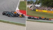 Max Verstappen Involved in Collision With George Russell During Closing Stages of Spanish GP 2025, Reigning Formula One Champion Handed 10-Second Penalty (Watch Video)