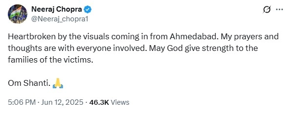 Neeraj Chopra's full message: 