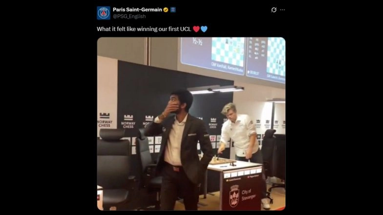 PSG Uses D Gukesh's Reaction After Beating Magnus Carlsen in Norway Chess to Describe Their Feeling of Winning UEFA Champions League 2024-25, Post Goes Viral!