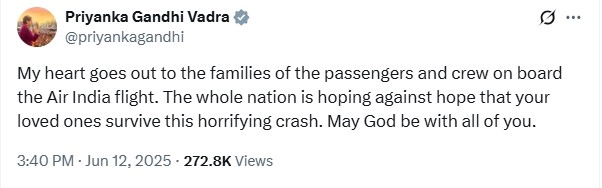 My heart goes out to the families of the passengers and crew on board the Air India flight. The whole nation is hoping against hope that your loved ones survive this horrifying crash. May God be with all of you.