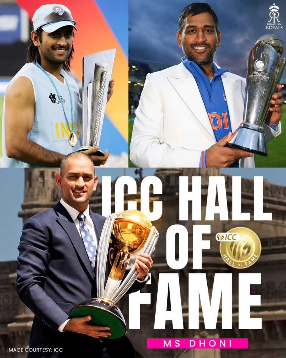 RR created a royal pink-hued wallpaper with Dhoni holding the ICC trophies he won, captioned “Don't say MVP, just say MSD. It's literally the same!”.