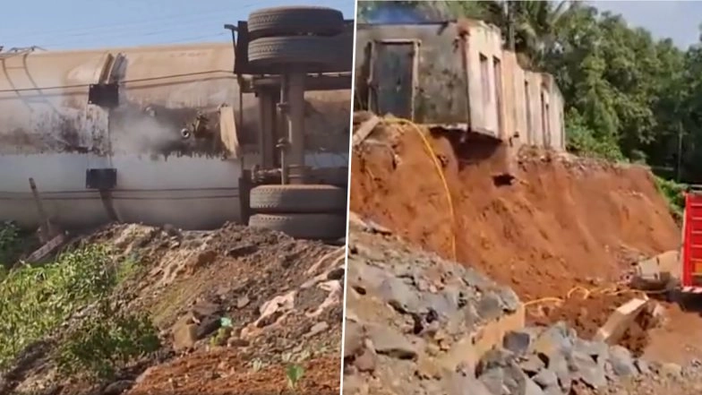 Ratnagiri Road Accident: Houses, 2 Cars and Mango Shipments Destroyed in Fires Caused by Gas Leak Due to Accident Between LPG Tanker and Mini Bus in Maharashtra (Watch Video)