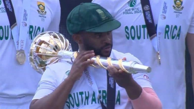Temba Bavuma Does Gunman Celebration, Makes ‘Firing Shots' Gesture With Test Mace After South Africa Clinches ICC WTC 2025 Title (Watch Video)